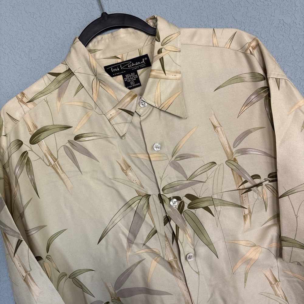 Tori Richard 100% Silk Shirt Mens XL Bamboo Print Hawaiian Pale Green Beach